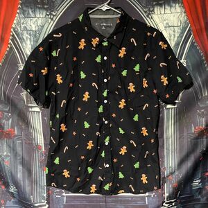 PD&C Christmas Button-Up Shirt Men's M Black Cotton Comfort Gingerbread Holiday